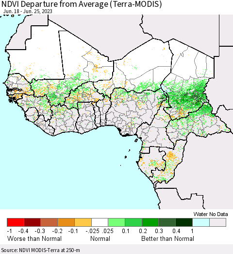 Western Africa NDVI Departure from Average (Terra-MODIS) Thematic Map For 6/18/2023 - 6/25/2023