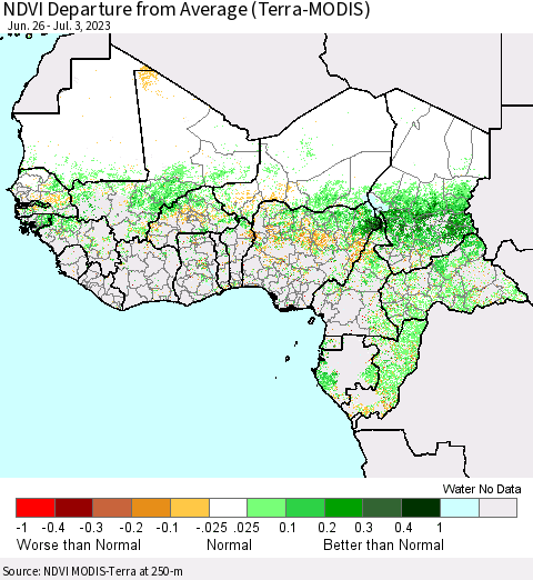 Western Africa NDVI Departure from Average (Terra-MODIS) Thematic Map For 6/26/2023 - 7/3/2023