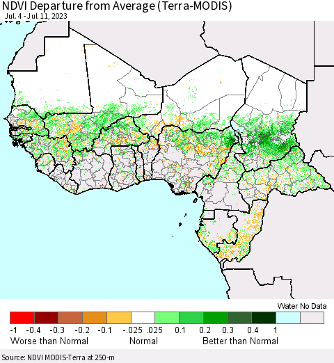 Western Africa NDVI Departure from Average (Terra-MODIS) Thematic Map For 7/4/2023 - 7/11/2023