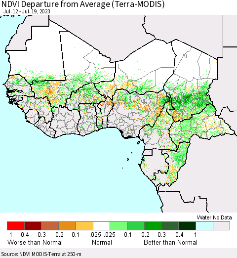 Western Africa NDVI Departure from Average (Terra-MODIS) Thematic Map For 7/12/2023 - 7/19/2023