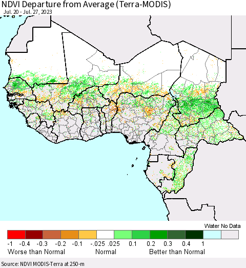 Western Africa NDVI Departure from Average (Terra-MODIS) Thematic Map For 7/20/2023 - 7/27/2023
