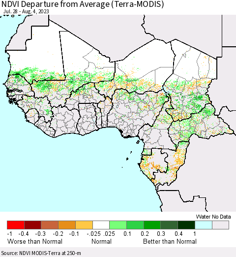 Western Africa NDVI Departure from Average (Terra-MODIS) Thematic Map For 7/28/2023 - 8/4/2023