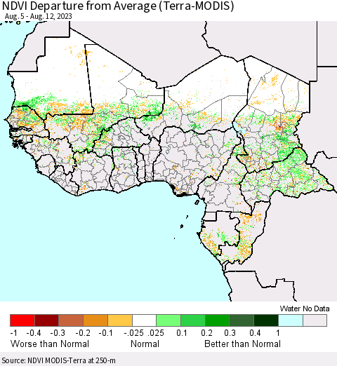 Western Africa NDVI Departure from Average (Terra-MODIS) Thematic Map For 8/5/2023 - 8/12/2023