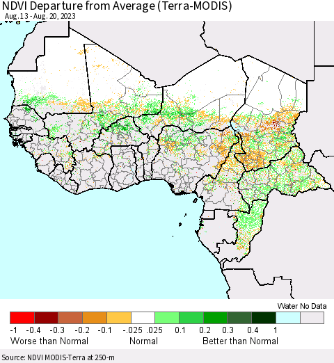 Western Africa NDVI Departure from Average (Terra-MODIS) Thematic Map For 8/13/2023 - 8/20/2023