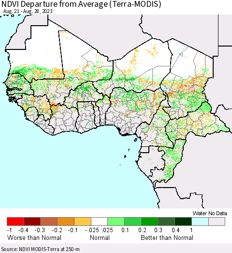 Western Africa NDVI Departure from Average (Terra-MODIS) Thematic Map For 8/21/2023 - 8/28/2023