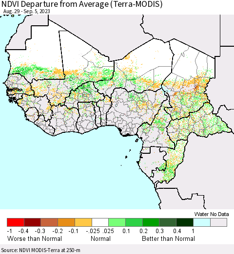 Western Africa NDVI Departure from Average (Terra-MODIS) Thematic Map For 8/29/2023 - 9/5/2023