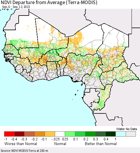 Western Africa NDVI Departure from Average (Terra-MODIS) Thematic Map For 9/6/2023 - 9/13/2023