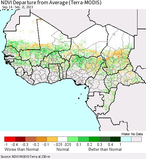 Western Africa NDVI Departure from Average (Terra-MODIS) Thematic Map For 9/14/2023 - 9/21/2023