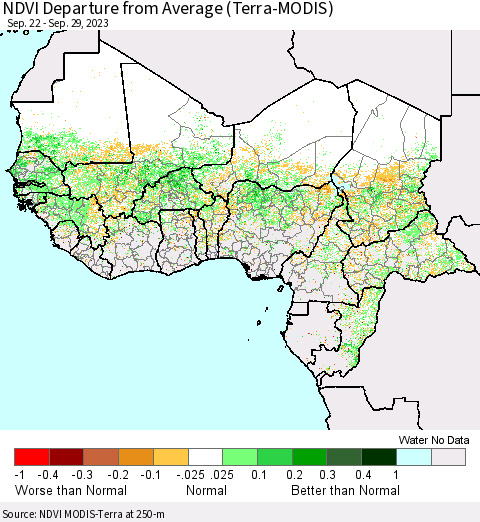 Western Africa NDVI Departure from Average (Terra-MODIS) Thematic Map For 9/22/2023 - 9/29/2023