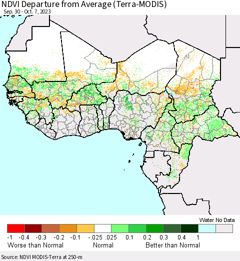 Western Africa NDVI Departure from Average (Terra-MODIS) Thematic Map For 9/30/2023 - 10/7/2023