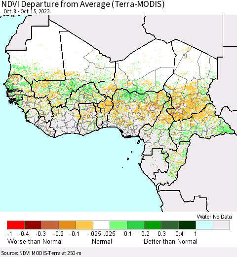 Western Africa NDVI Departure from Average (Terra-MODIS) Thematic Map For 10/8/2023 - 10/15/2023