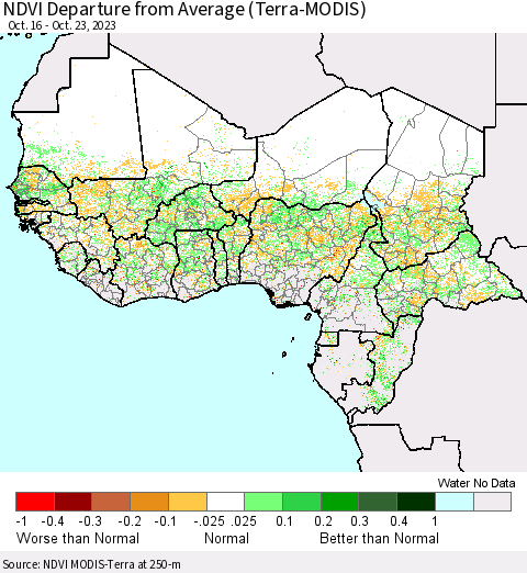Western Africa NDVI Departure from Average (Terra-MODIS) Thematic Map For 10/16/2023 - 10/23/2023