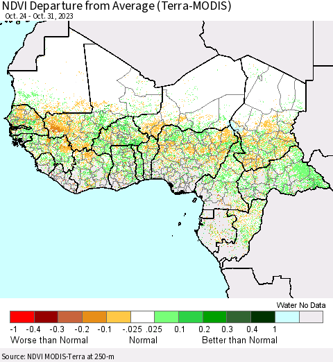 Western Africa NDVI Departure from Average (Terra-MODIS) Thematic Map For 10/24/2023 - 10/31/2023