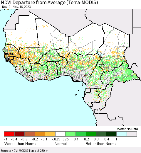 Western Africa NDVI Departure from Average (Terra-MODIS) Thematic Map For 11/9/2023 - 11/16/2023