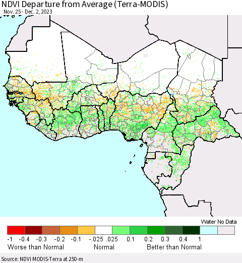 Western Africa NDVI Departure from Average (Terra-MODIS) Thematic Map For 11/25/2023 - 12/2/2023