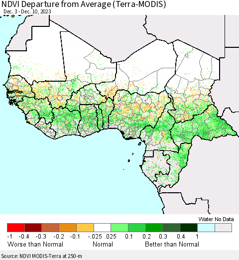 Western Africa NDVI Departure from Average (Terra-MODIS) Thematic Map For 12/3/2023 - 12/10/2023