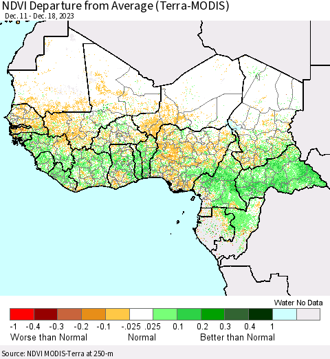 Western Africa NDVI Departure from Average (Terra-MODIS) Thematic Map For 12/11/2023 - 12/18/2023
