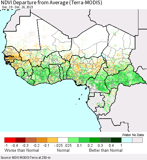 Western Africa NDVI Departure from Average (Terra-MODIS) Thematic Map For 12/19/2023 - 12/26/2023
