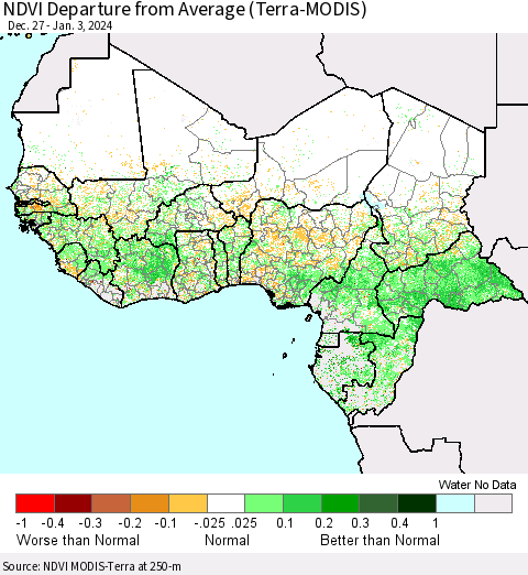 Western Africa NDVI Departure from Average (Terra-MODIS) Thematic Map For 12/27/2023 - 1/3/2024