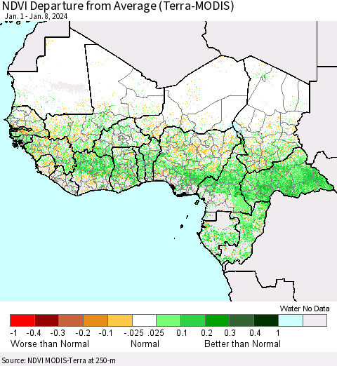 Western Africa NDVI Departure from Average (Terra-MODIS) Thematic Map For 1/1/2024 - 1/8/2024