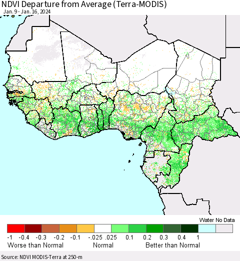 Western Africa NDVI Departure from Average (Terra-MODIS) Thematic Map For 1/9/2024 - 1/16/2024