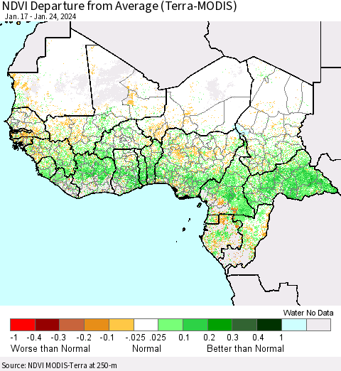 Western Africa NDVI Departure from Average (Terra-MODIS) Thematic Map For 1/17/2024 - 1/24/2024
