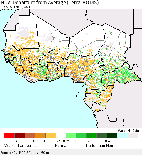 Western Africa NDVI Departure from Average (Terra-MODIS) Thematic Map For 1/25/2024 - 2/1/2024