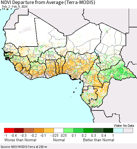 Western Africa NDVI Departure from Average (Terra-MODIS) Thematic Map For 2/2/2024 - 2/9/2024