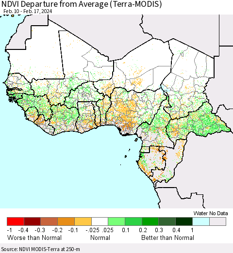 Western Africa NDVI Departure from Average (Terra-MODIS) Thematic Map For 2/10/2024 - 2/17/2024