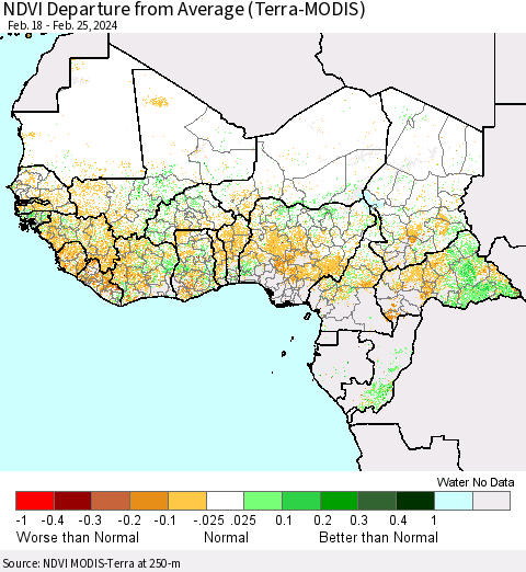 Western Africa NDVI Departure from Average (Terra-MODIS) Thematic Map For 2/18/2024 - 2/25/2024