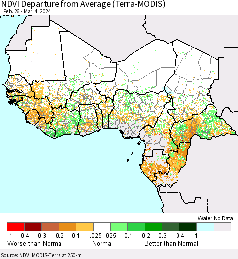 Western Africa NDVI Departure from Average (Terra-MODIS) Thematic Map For 2/26/2024 - 3/4/2024