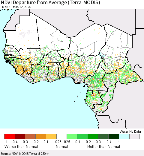 Western Africa NDVI Departure from Average (Terra-MODIS) Thematic Map For 3/5/2024 - 3/12/2024