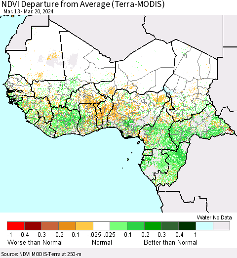 Western Africa NDVI Departure from Average (Terra-MODIS) Thematic Map For 3/13/2024 - 3/20/2024
