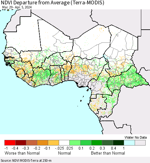 Western Africa NDVI Departure from Average (Terra-MODIS) Thematic Map For 3/29/2024 - 4/5/2024
