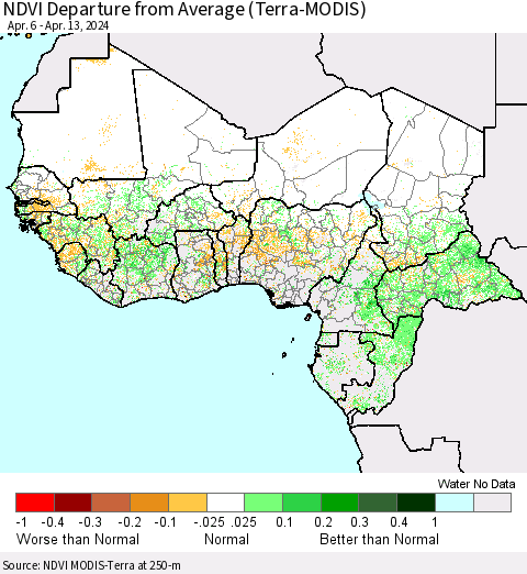 Western Africa NDVI Departure from Average (Terra-MODIS) Thematic Map For 4/6/2024 - 4/13/2024