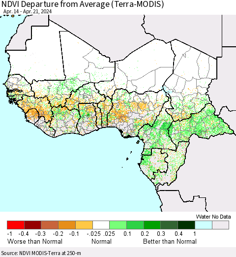 Western Africa NDVI Departure from Average (Terra-MODIS) Thematic Map For 4/14/2024 - 4/21/2024