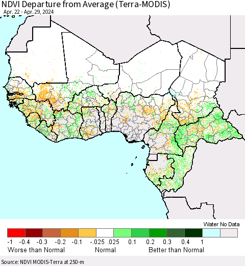 Western Africa NDVI Departure from Average (Terra-MODIS) Thematic Map For 4/22/2024 - 4/29/2024