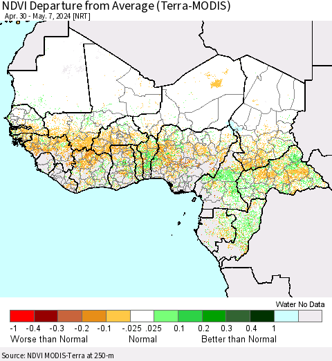 Western Africa NDVI Departure from Average (Terra-MODIS) Thematic Map For 4/30/2024 - 5/7/2024