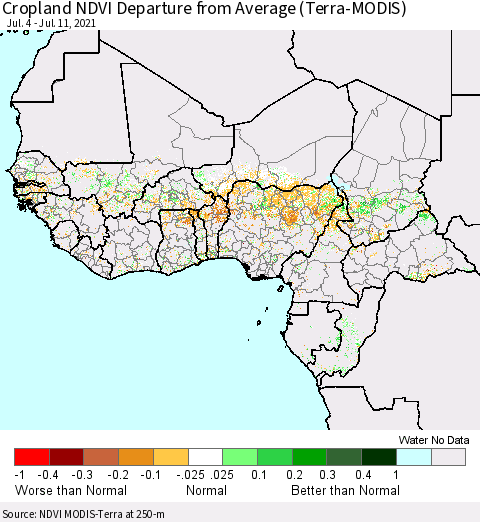 Western Africa Cropland NDVI Departure from Average (Terra-MODIS) Thematic Map For 7/4/2021 - 7/11/2021