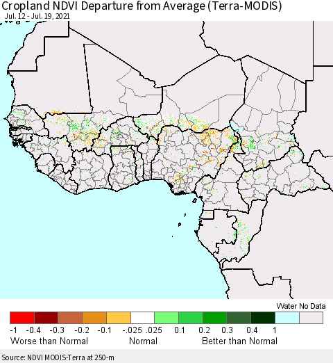 Western Africa Cropland NDVI Departure from Average (Terra-MODIS) Thematic Map For 7/12/2021 - 7/19/2021