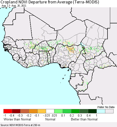 Western Africa Cropland NDVI Departure from Average (Terra-MODIS) Thematic Map For 8/13/2021 - 8/20/2021