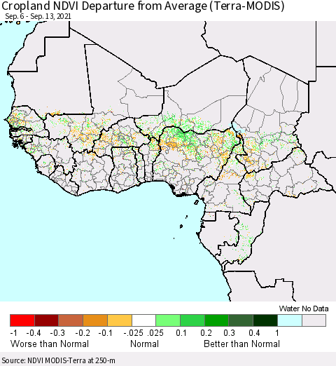 Western Africa Cropland NDVI Departure from Average (Terra-MODIS) Thematic Map For 9/6/2021 - 9/13/2021