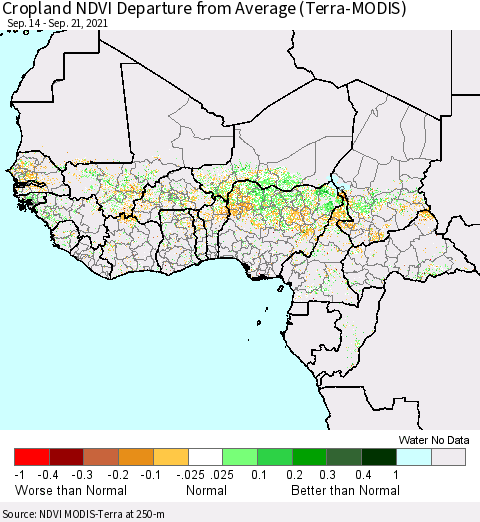 Western Africa Cropland NDVI Departure from Average (Terra-MODIS) Thematic Map For 9/14/2021 - 9/21/2021
