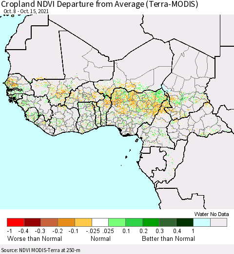 Western Africa Cropland NDVI Departure from Average (Terra-MODIS) Thematic Map For 10/8/2021 - 10/15/2021