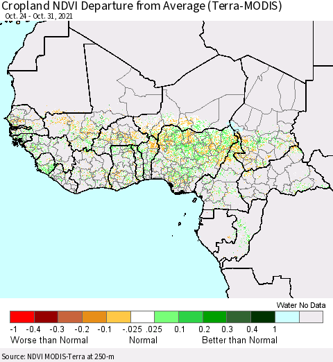 Western Africa Cropland NDVI Departure from Average (Terra-MODIS) Thematic Map For 10/24/2021 - 10/31/2021