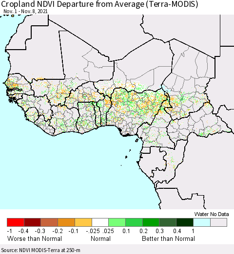 Western Africa Cropland NDVI Departure from Average (Terra-MODIS) Thematic Map For 11/1/2021 - 11/8/2021