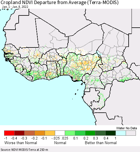 Western Africa Cropland NDVI Departure from Average (Terra-MODIS) Thematic Map For 1/1/2022 - 1/8/2022