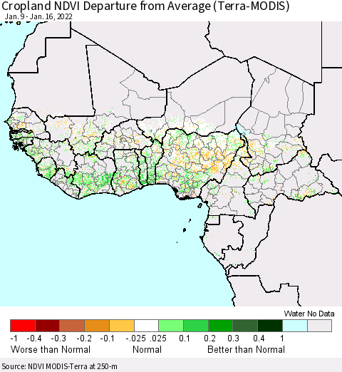 Western Africa Cropland NDVI Departure from Average (Terra-MODIS) Thematic Map For 1/9/2022 - 1/16/2022