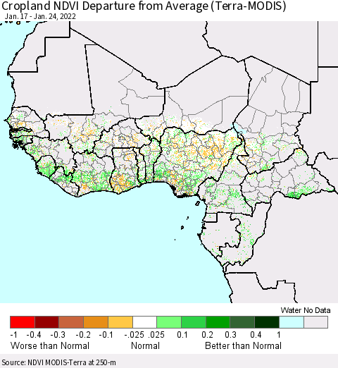 Western Africa Cropland NDVI Departure from Average (Terra-MODIS) Thematic Map For 1/17/2022 - 1/24/2022