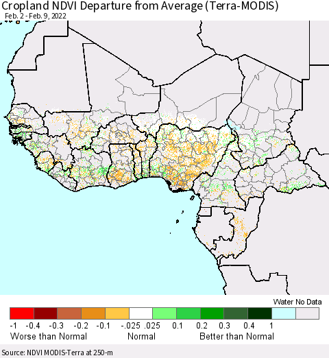 Western Africa Cropland NDVI Departure from Average (Terra-MODIS) Thematic Map For 2/2/2022 - 2/9/2022